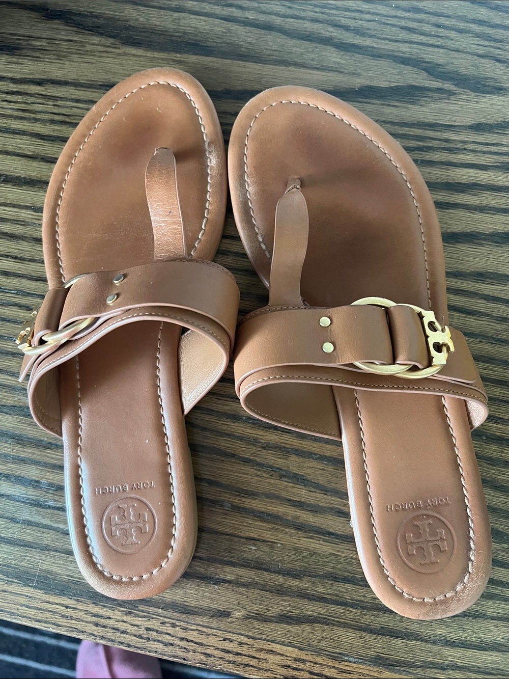 Tory Burch Brown Leather Toe-Post Slide Sandals with Gold Buckle
